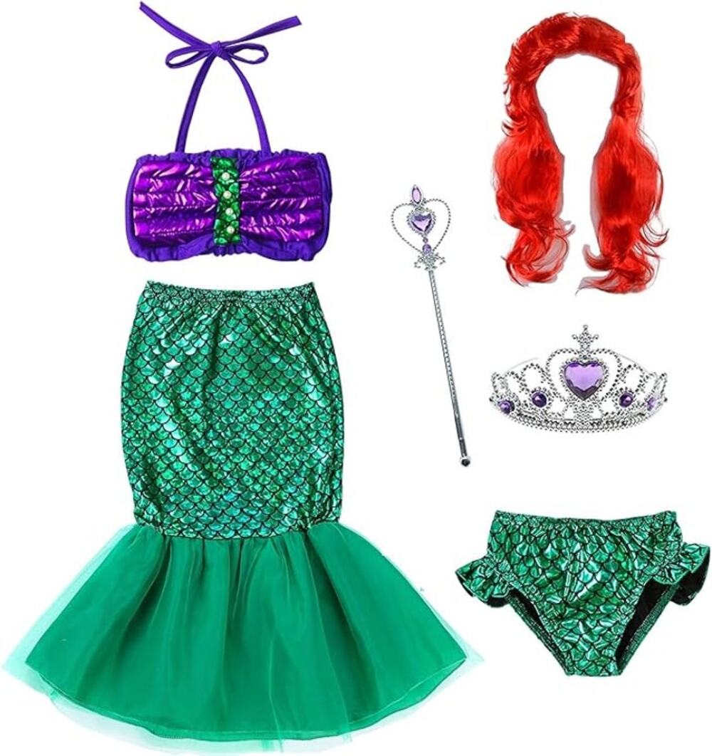 Green Mermaid Little girls  Princess Swimwear dress costume wig Wand 1.5-2 Age